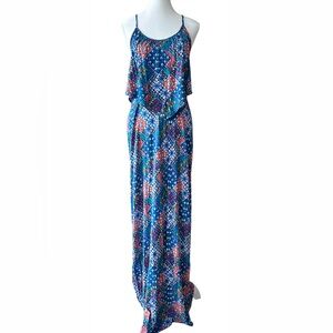 Streetwear Society Aztec Patchwork Boho Maxi Dress with Flounce Front - Large